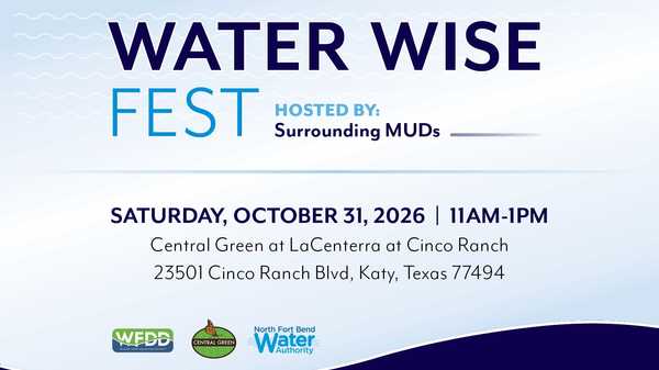 Promotional flyer for Water Wise Fest on October 31, 2026, from 11 a.m. to 1 p.m. at Central Green in Katy, Texas, hosted by surrounding MUDs and water agencies.