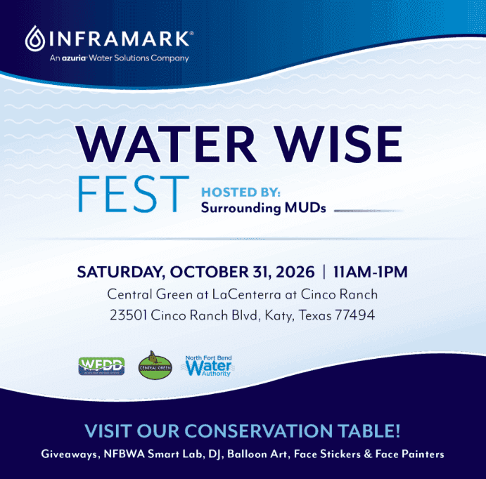 Promotional flyer for Water Wise Fest on October 31, 2026, at Central Green in Katy, Texas, featuring conservation activities, giveaways, live entertainment, and host organization logos.